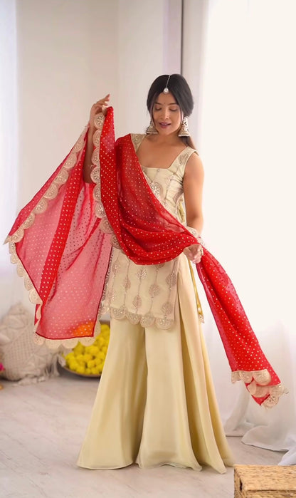 Designer Crepe Silk Embroidered Palazzo Suit with Printed Dupatta