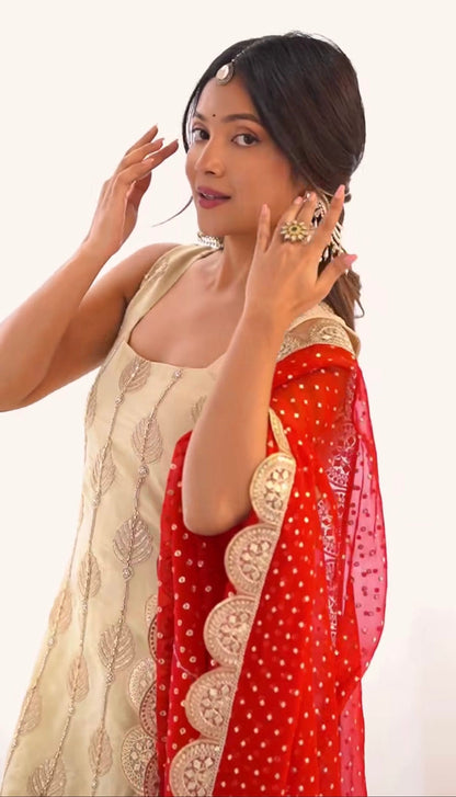 Designer Crepe Silk Embroidered Palazzo Suit with Printed Dupatta