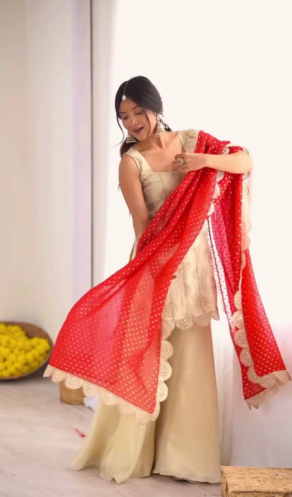 Designer Crepe Silk Embroidered Palazzo Suit with Printed Dupatta