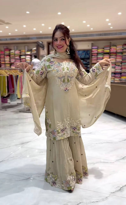 Elegant Embroidered Crepe Party Wear Sharara Palazzo Suit (ND-5046)