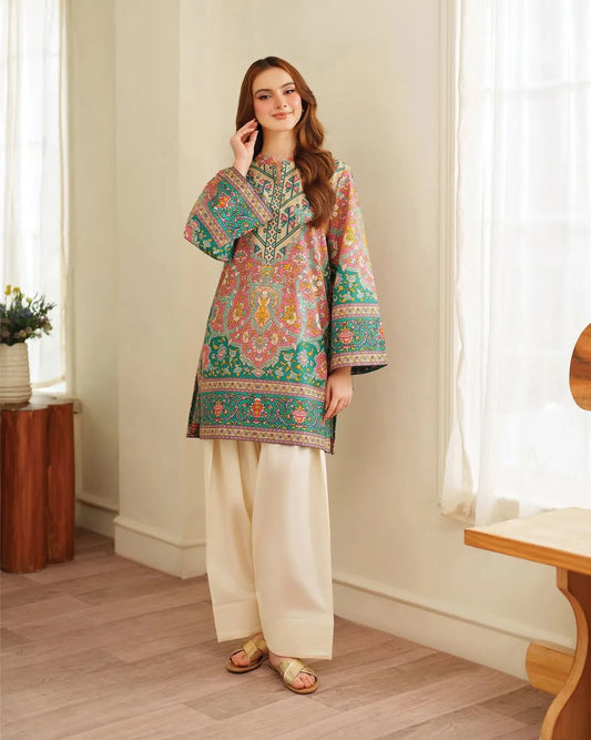Multicolor Ethnic Printed Kurta Set with Cream Pants