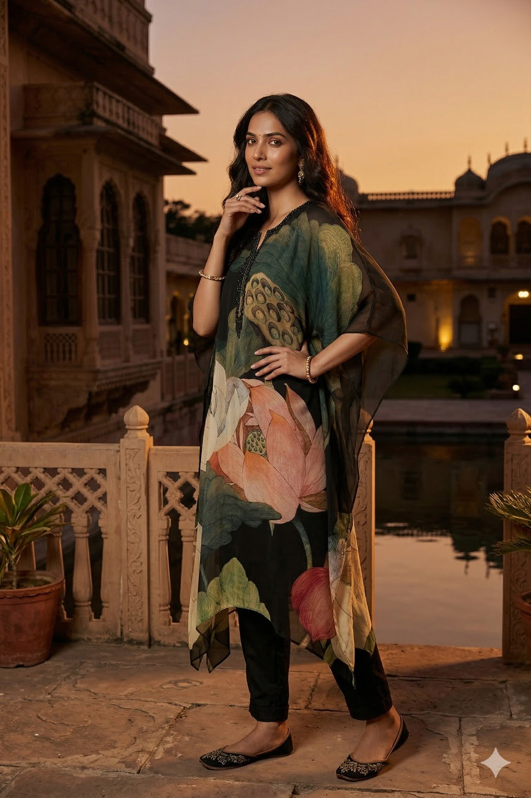Midnight Lotus Printed Kaftan Top