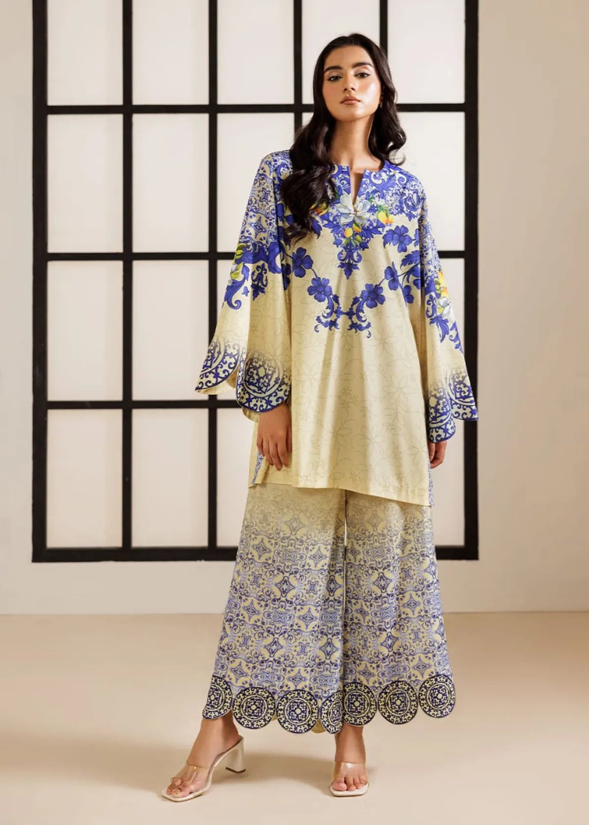 Lemon Yellow Smooth Bsy Ornate Floral Tile Printed Co-Ord Set For Women