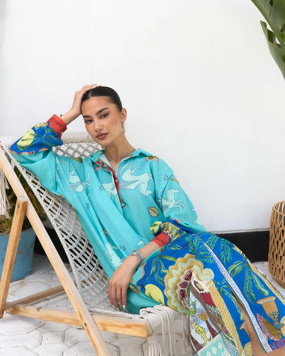 Sky Blue Artistic Printed Shirt Dress with Long Sleeves