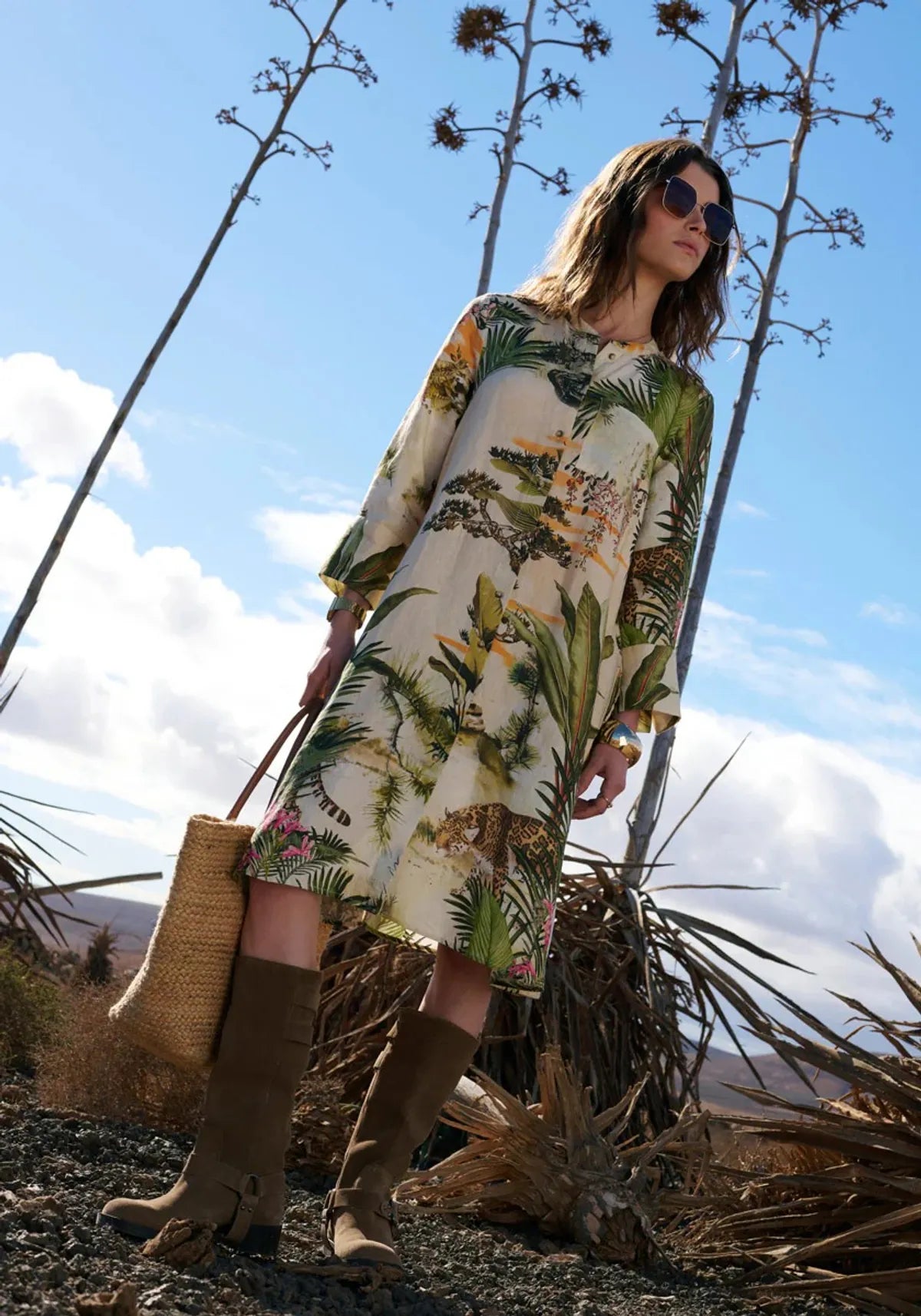 Tropical Jungle Print A-Line Shirt Dress