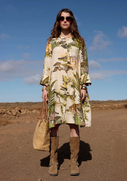 Tropical Jungle Print A-Line Shirt Dress