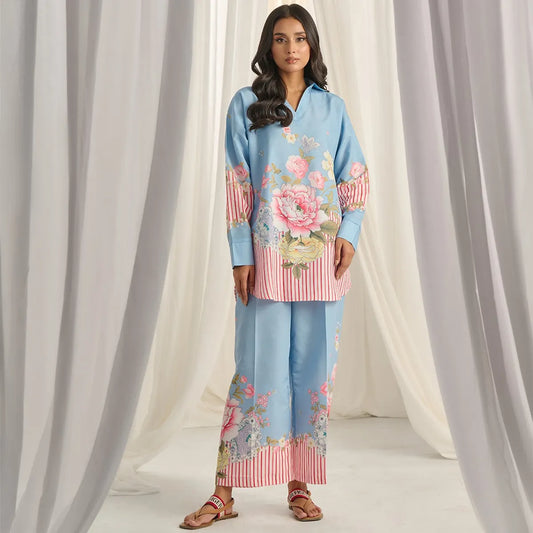 Blue With Pink Linen Blend Casual Co-Ord Set For Women