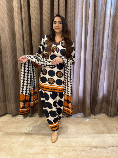 Black Polka Dot Farshi Suit with rust border Detailing