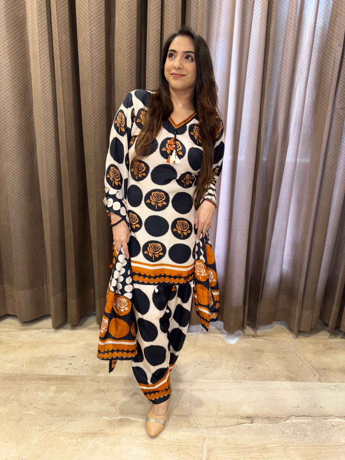 Black Polka Dot Farshi Suit with rust border Detailing