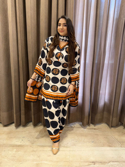 Black Polka Dot Farshi Suit with rust border Detailing