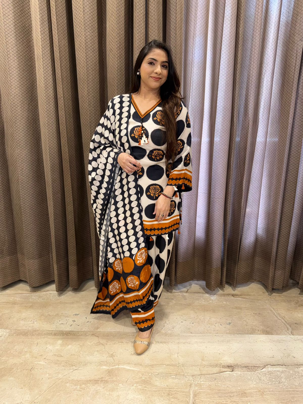 Black Polka Dot Farshi Suit with rust border Detailing