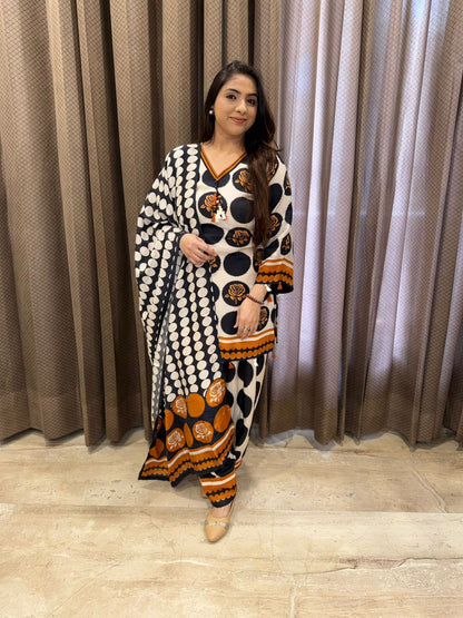 Black Polka Dot Farshi Suit with rust border Detailing