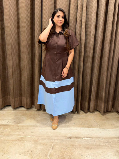 Smart brown Midi dress with blue contrast