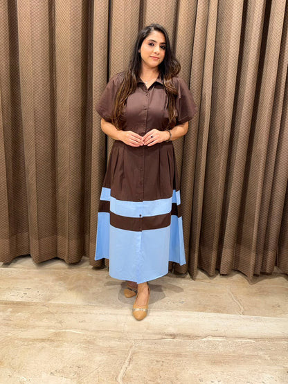 Smart brown Midi dress with blue contrast