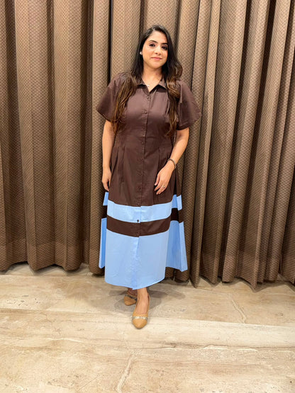 Smart brown Midi dress with blue contrast