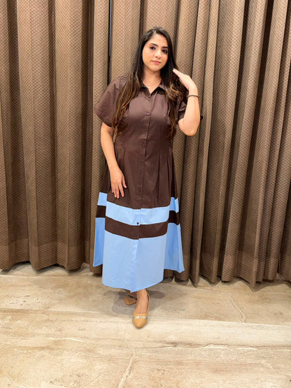Smart brown Midi dress with blue contrast