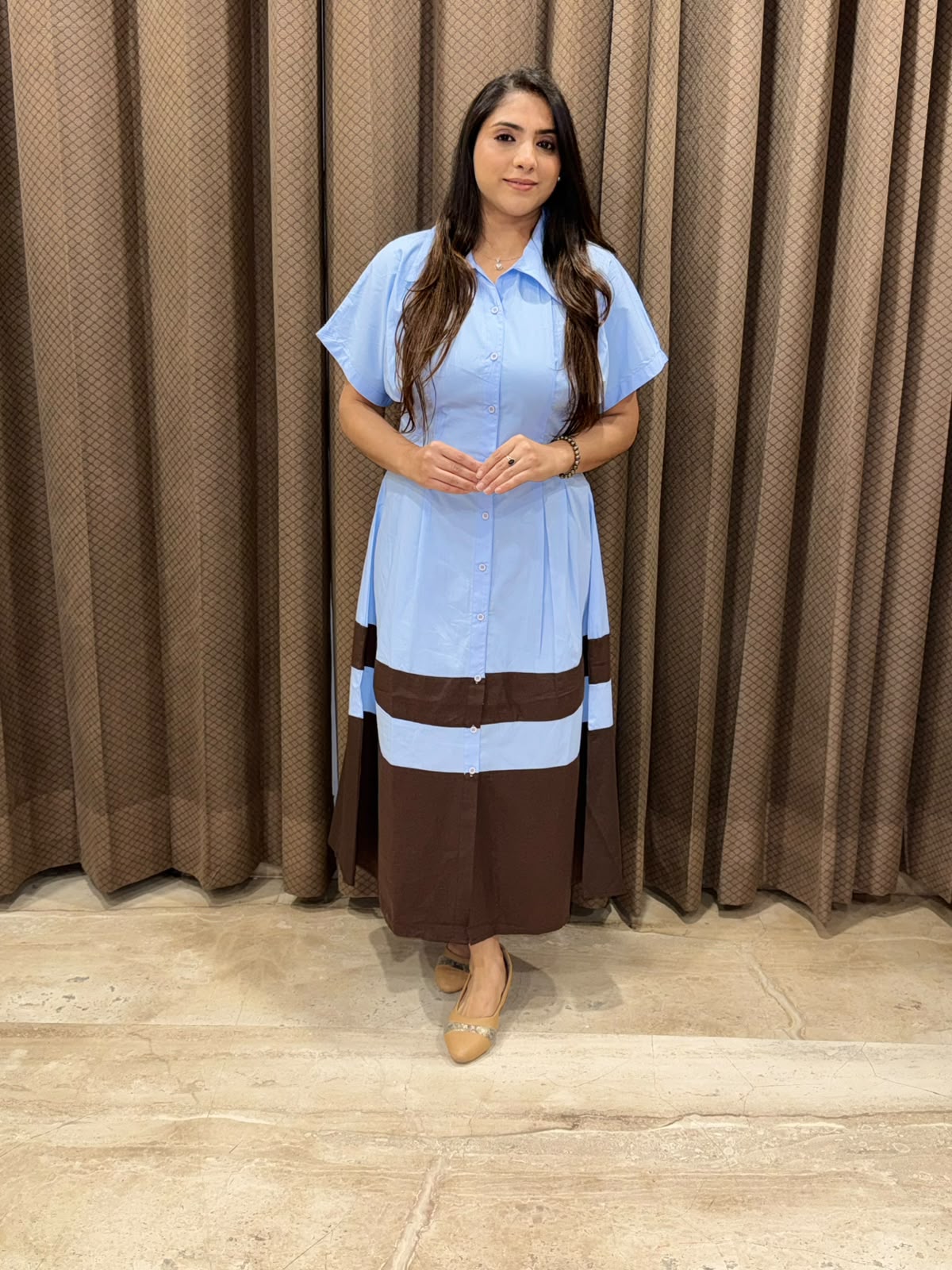 Smart blue Midi dress with brown contrast
