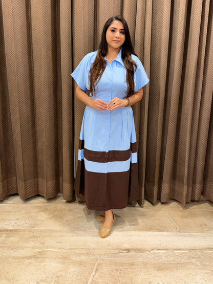 Smart blue Midi dress with brown contrast
