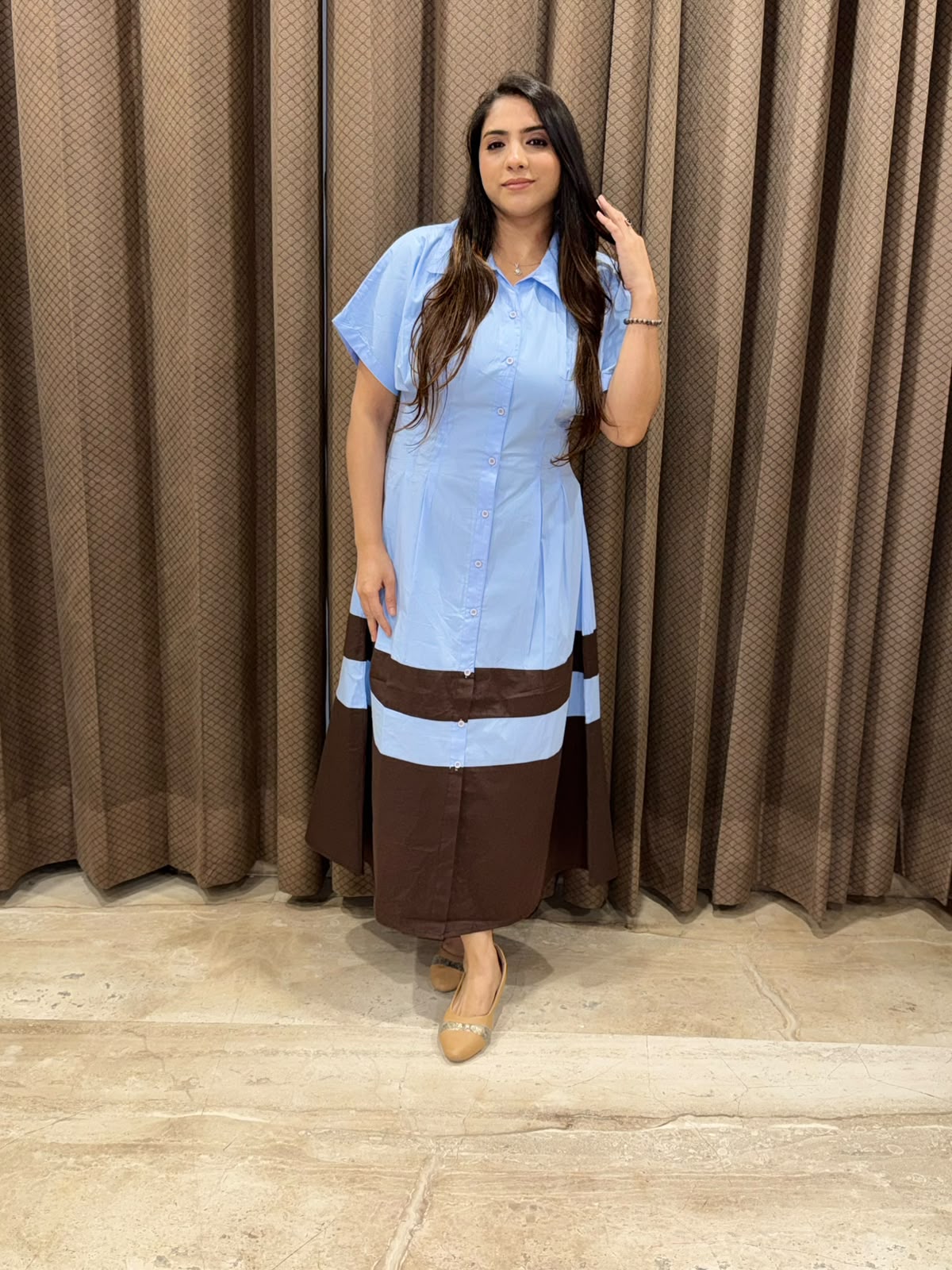 Smart blue Midi dress with brown contrast