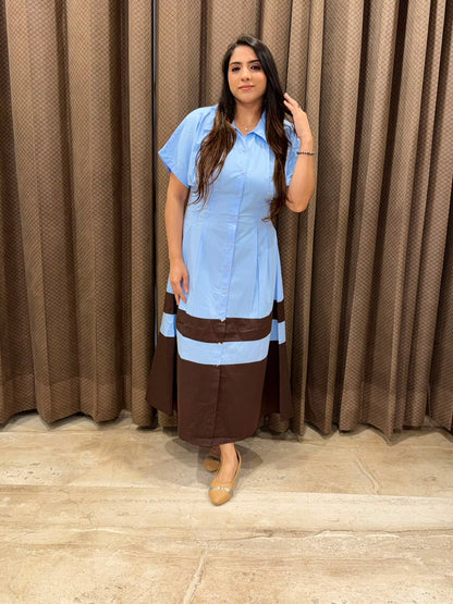 Smart blue Midi dress with brown contrast