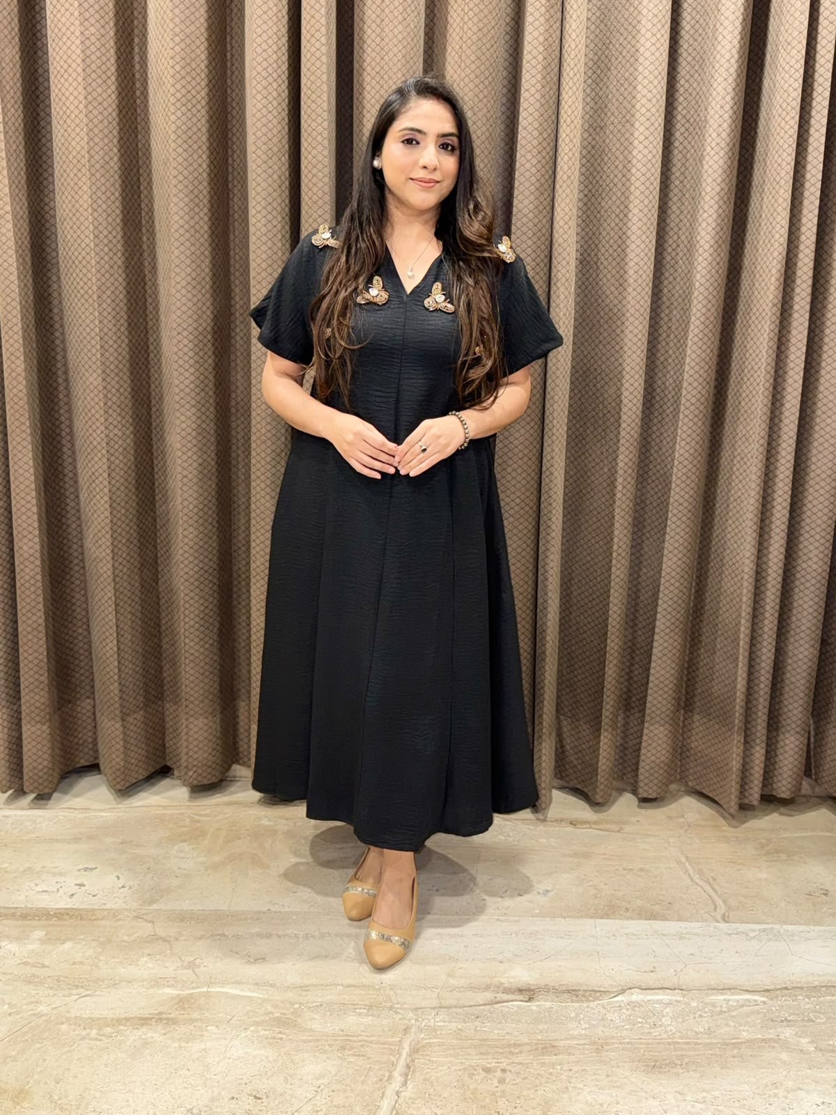Smart Black Midi dress with golden honeybees & pockets