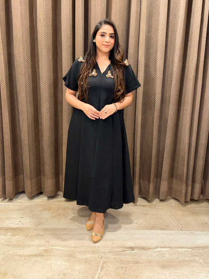Smart Black Midi dress with golden honeybees & pockets