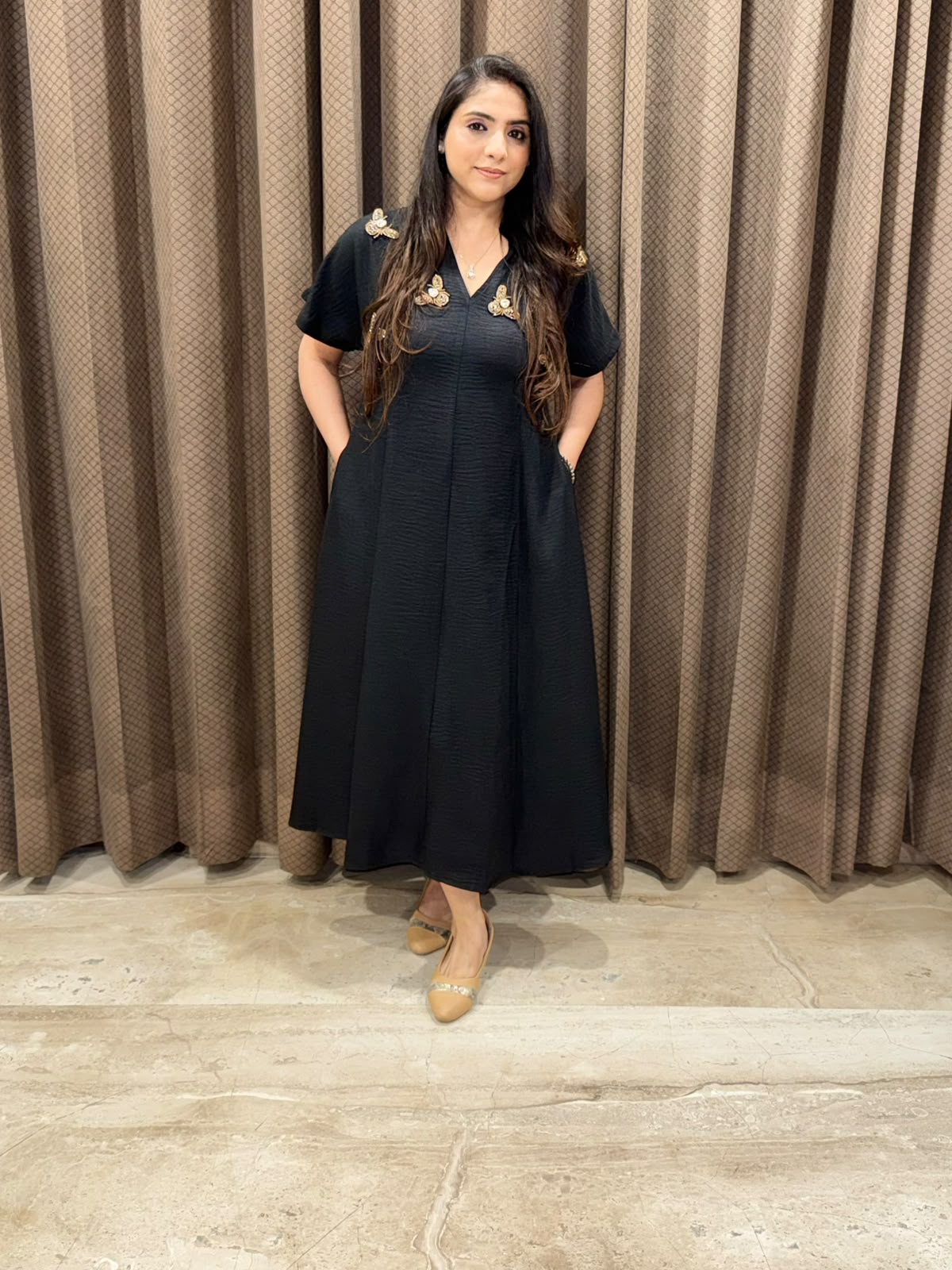 Smart Black Midi dress with golden honeybees & pockets