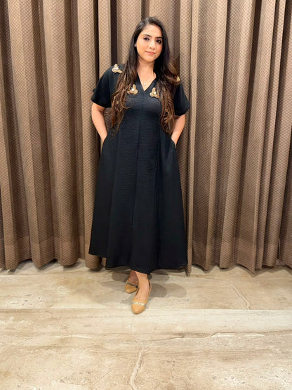 Smart Black Midi dress with golden honeybees & pockets