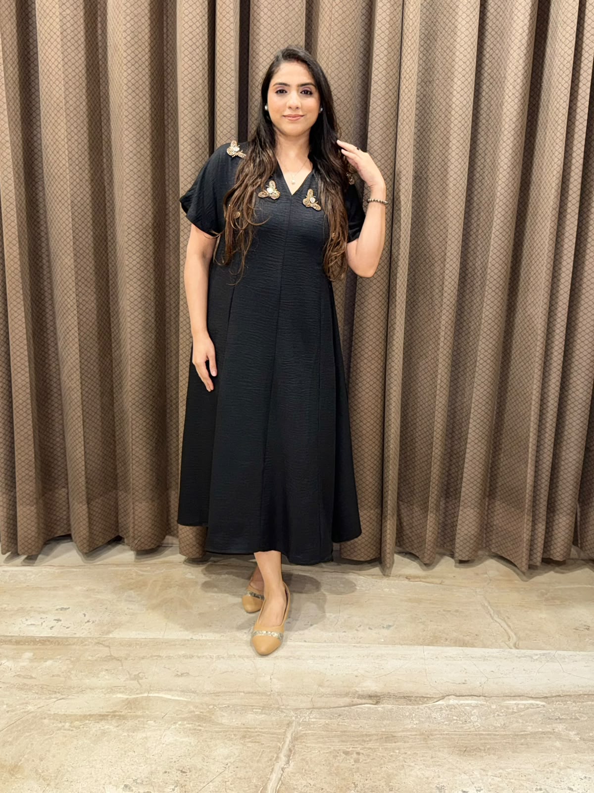 Smart Black Midi dress with golden honeybees & pockets