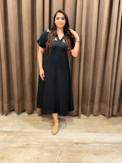 Smart Black Midi dress with golden honeybees & pockets
