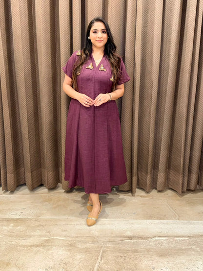 Smart Wine Midi dress with golden honeybees & pockets