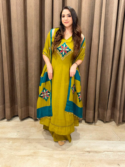 Designer Green Anarkali handwork Plazoo set with dupatta