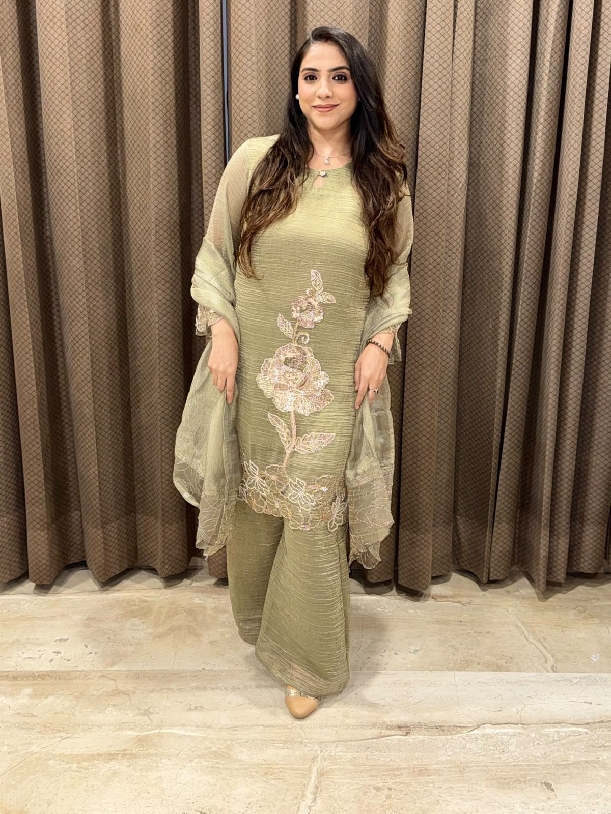 Designer Green Plazoo set with dupatta ,Cutwork with handwork