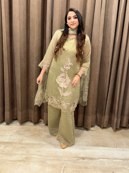 Designer Green Plazoo set with dupatta ,Cutwork with handwork