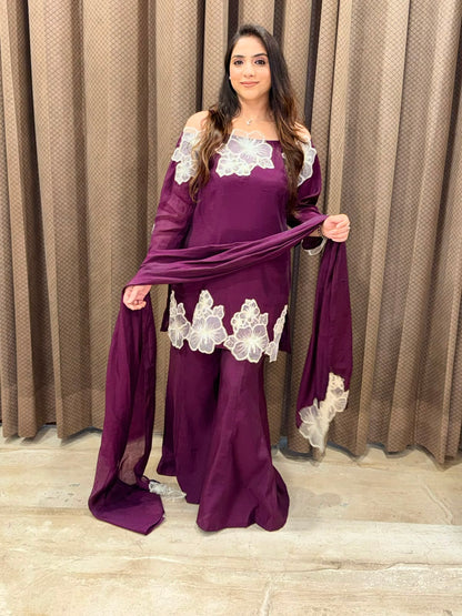 Designer Wine Indowestern set with applique flower work