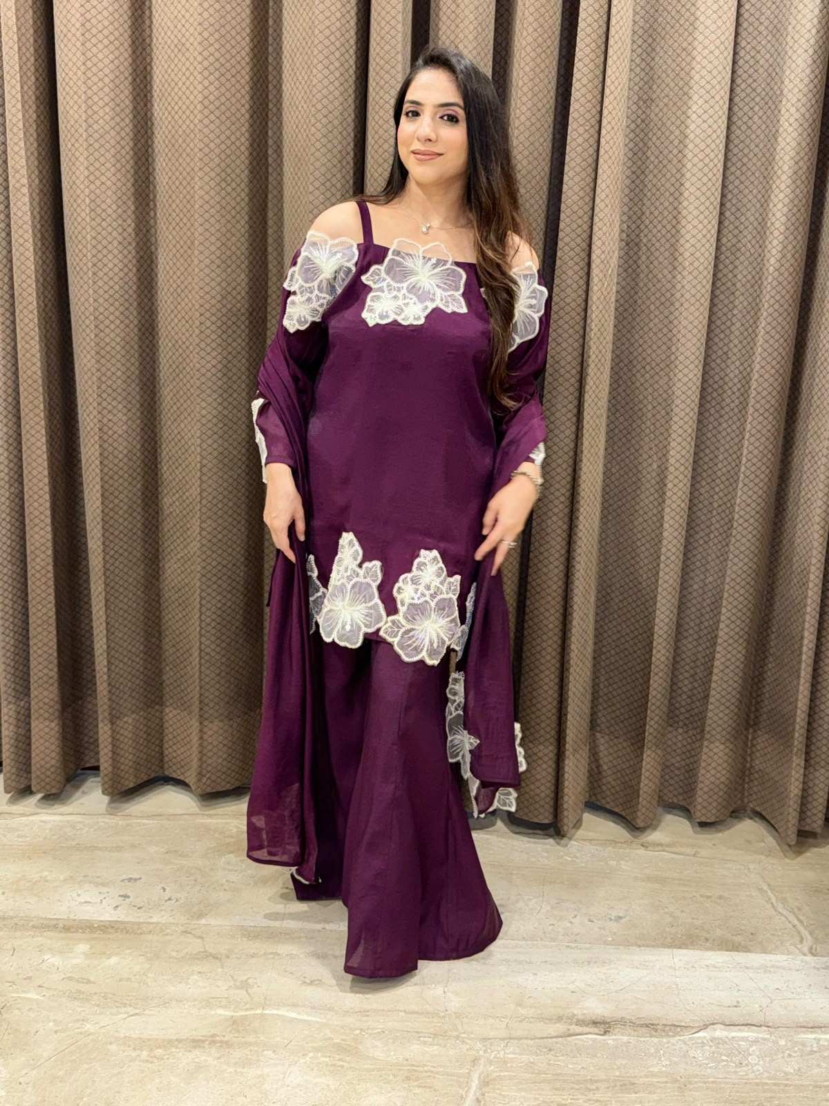 Designer Wine Indowestern set with applique flower work