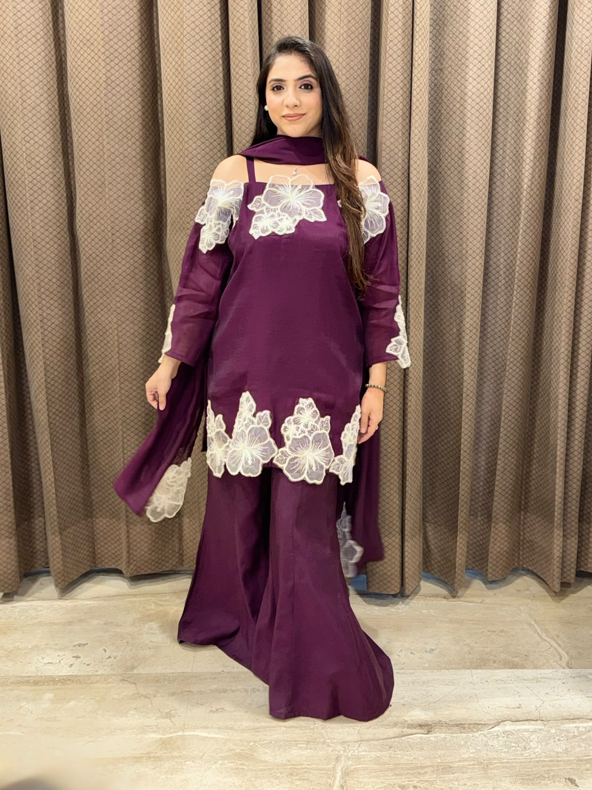 Designer Wine Indowestern set with applique flower work