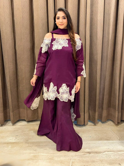 Designer Wine Indowestern set with applique flower work