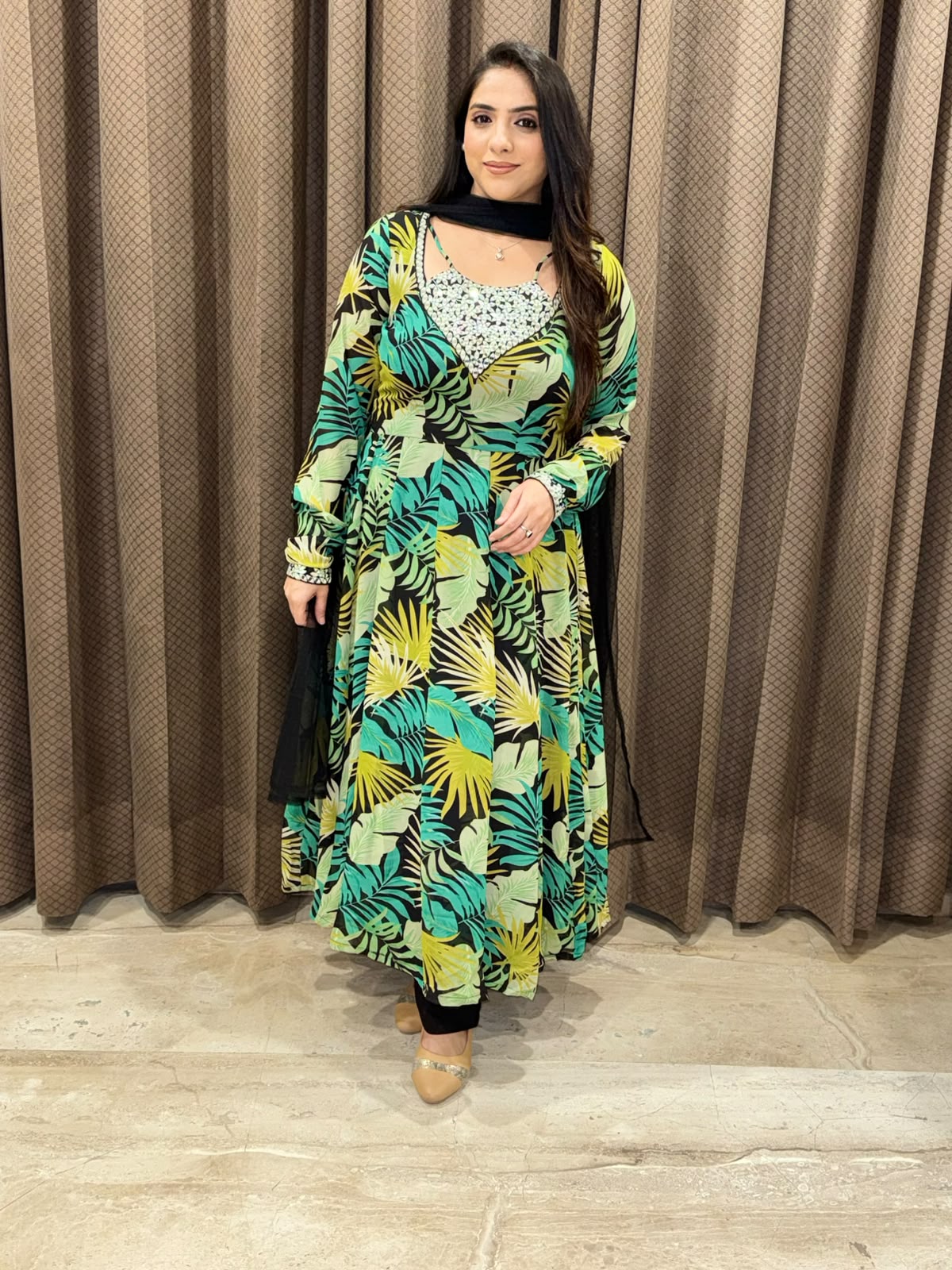 Designer Green Anarkali set with dupatta and handwork