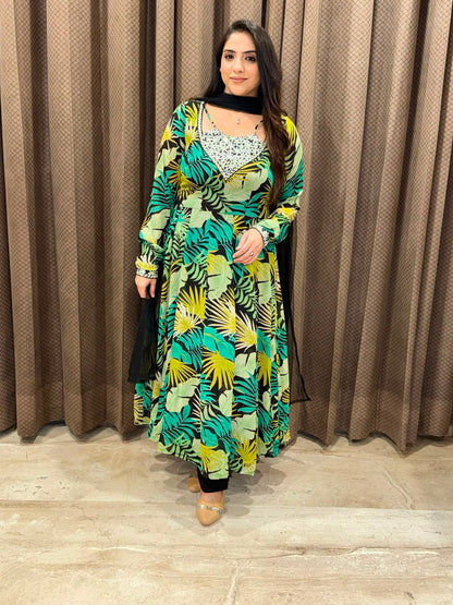 Designer Green Anarkali set with dupatta and handwork