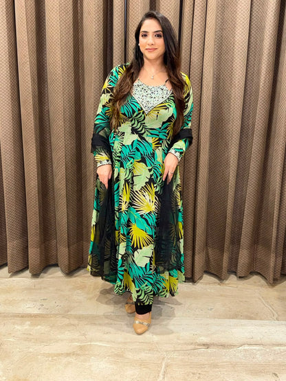 Designer Green Anarkali set with dupatta and handwork