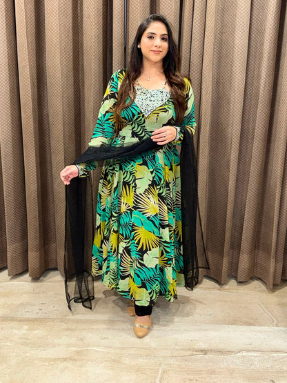 Designer Green Anarkali set with dupatta and handwork