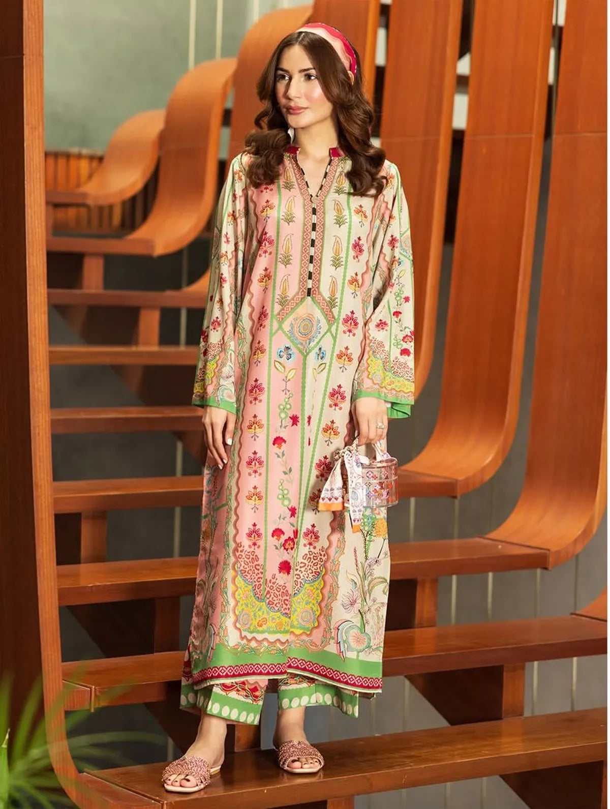 Pastel Pink Smooth Bsy Blush Bloom Ethnic Motif Lawn Dress For Women
