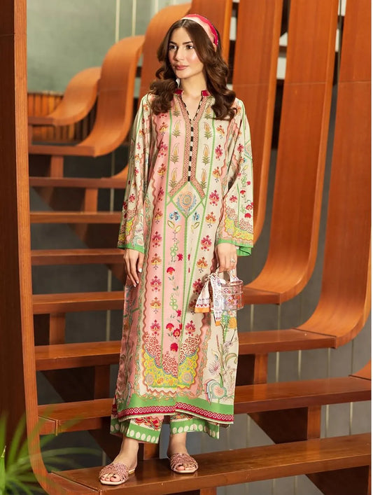 Pastel Pink Smooth Bsy Blush Bloom Ethnic Motif Lawn Dress For Women