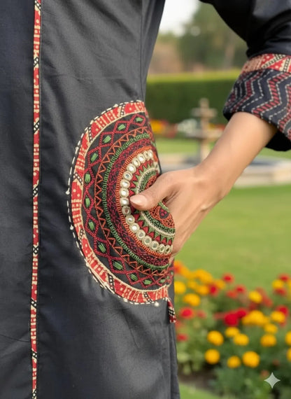 Navy Blue Cotton Printed A Line Suit For Women