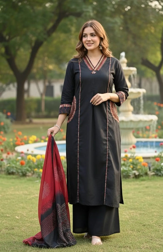 Navy Blue Cotton Printed A Line Suit For Women