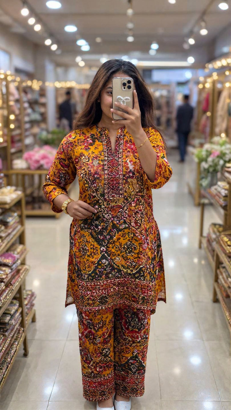 Women's Premium Orange Ethnic Printed Kurta Pant Set