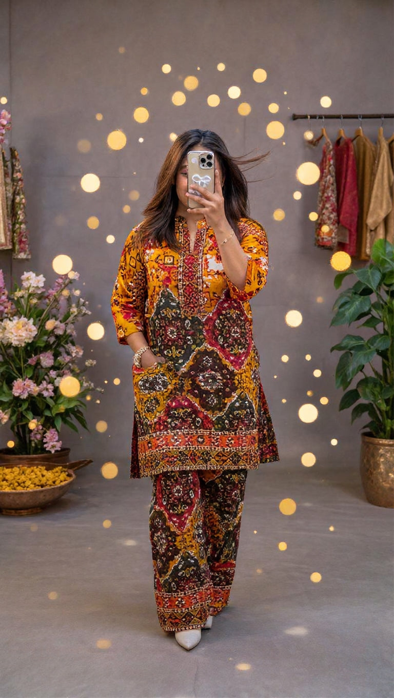 Women's Premium Orange Ethnic Printed Kurta Pant Set