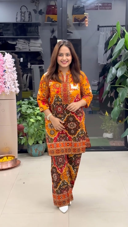 Women's Premium Orange Ethnic Printed Kurta Pant Set