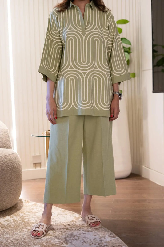 Sage Green Linen Cotton Abstract Wave Printed Chic Cotton Co-Ord Set For Wo..
